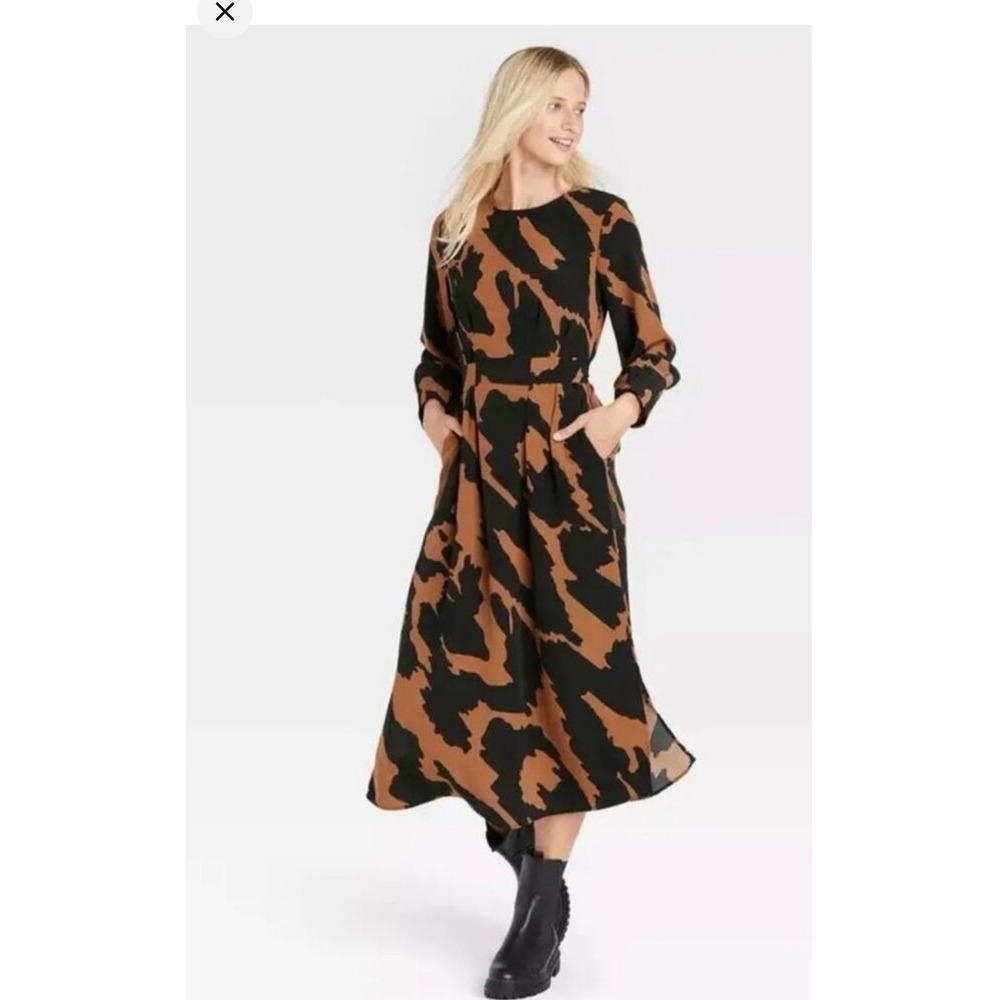 Who What Wear Womens Abstract Animal Print Long Sleeve Maxi Dress Black Gold L